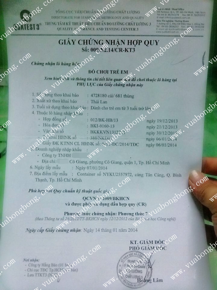 chứng nhận qa bong bóng thái lan bk latex hợp chuẩn quốc giá an toàn trẻ em trên 3 tuổi